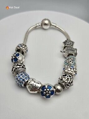 Blue Charm Bracelet Silver Plated Crystal Glass Beads Floral 7.5" Pandora Style